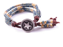 Load image into Gallery viewer, Beaded Leather Wrap Silvertone Star Bracelet
