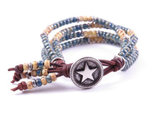 Load image into Gallery viewer, Beaded Leather Wrap Silvertone Star Bracelet
