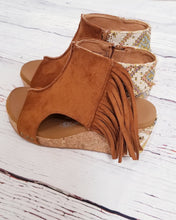 Load image into Gallery viewer, Very G Tramonte Fringe Wedge Sandals Tan Final Sale