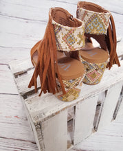 Load image into Gallery viewer, Very G Tramonte Fringe Wedge Sandals Tan Final Sale