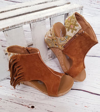 Load image into Gallery viewer, Very G Tramonte Fringe Wedge Sandals Tan Final Sale