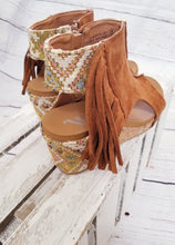 Load image into Gallery viewer, Very G Tramonte Fringe Wedge Sandals Tan Final Sale