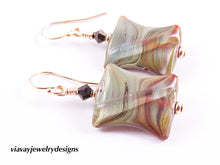 Load image into Gallery viewer, Gold Filled Green Brown Artisan Glass Earrings