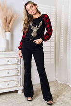 Load image into Gallery viewer, Gold Sequin Reindeer Graphic Plaid Top