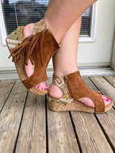 Load image into Gallery viewer, Very G Tramonte Fringe Wedge Sandals Tan Final Sale