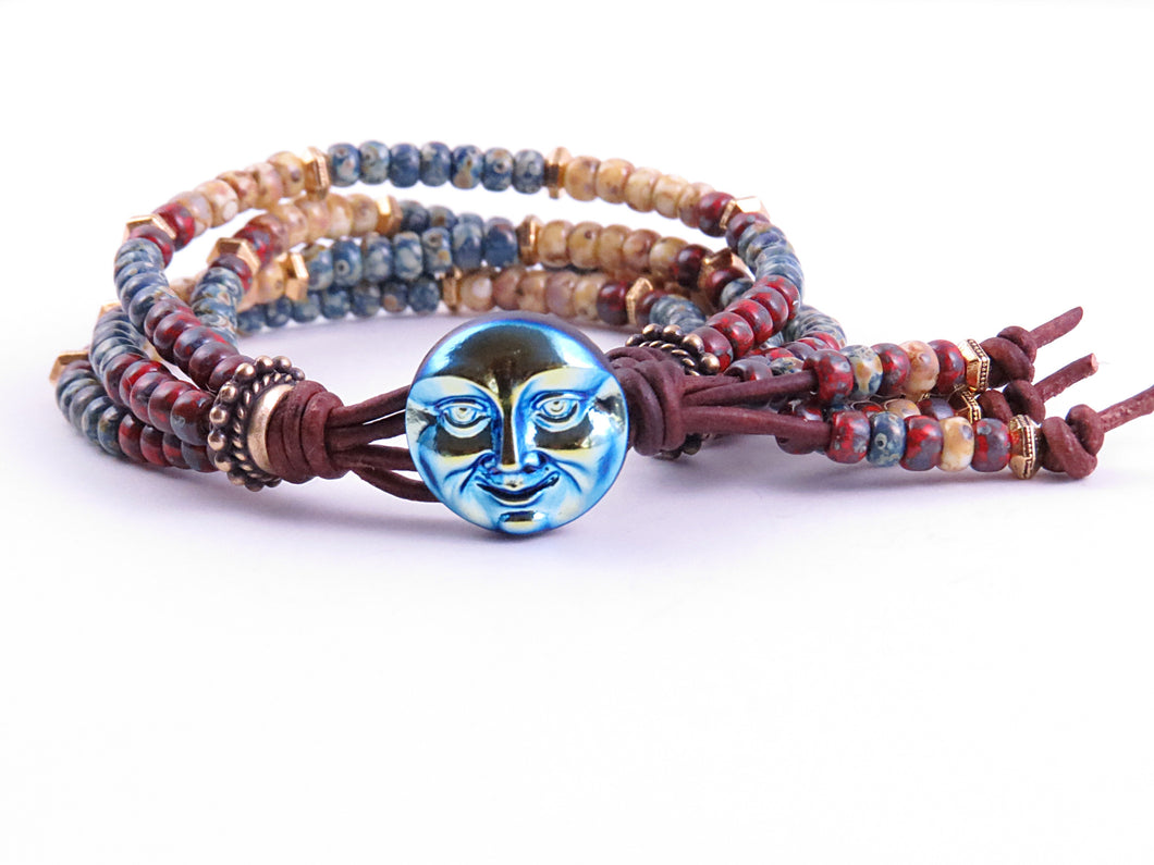 Blue Moon Beaded Leather Wrap Bracelet