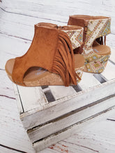 Load image into Gallery viewer, Very G Tramonte Fringe Wedge Sandals Tan Final Sale
