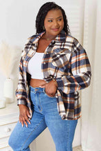 Load image into Gallery viewer, Navy Plaid Button Front Shirt Jacket with Breast Pockets
