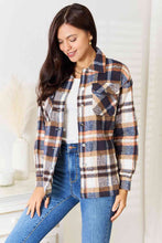 Load image into Gallery viewer, Navy Plaid Button Front Shirt Jacket with Breast Pockets
