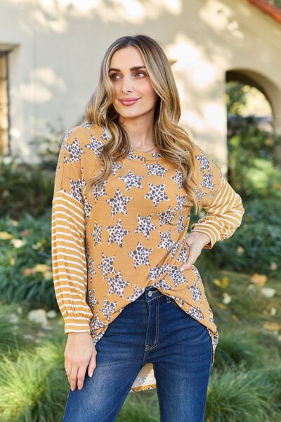 Leopard Star Striped Long Sleeve Top